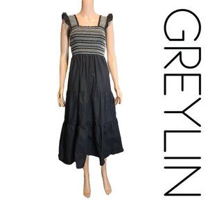 Greylin Black Felicia Multi Stitch Smocked Midi Dress NWT XS